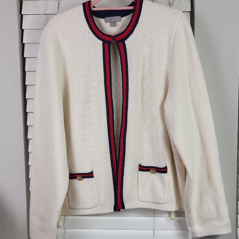 J. Crew Cream Bouclé Cardigan with Navy & Red Trim. Size XXL - Picture 2 of 14